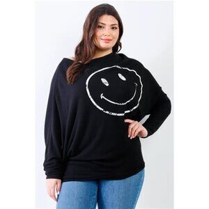 Plus Size Smile Front Print Flannel Dolman Sleeve Top